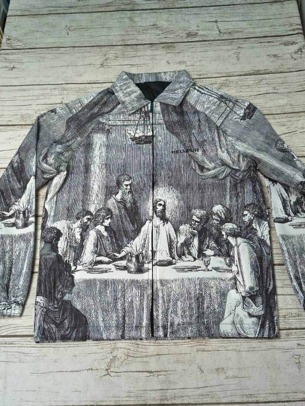 Hellpur The Last Supper Graphic Full Zip Jacket Medium Black White Streetwear